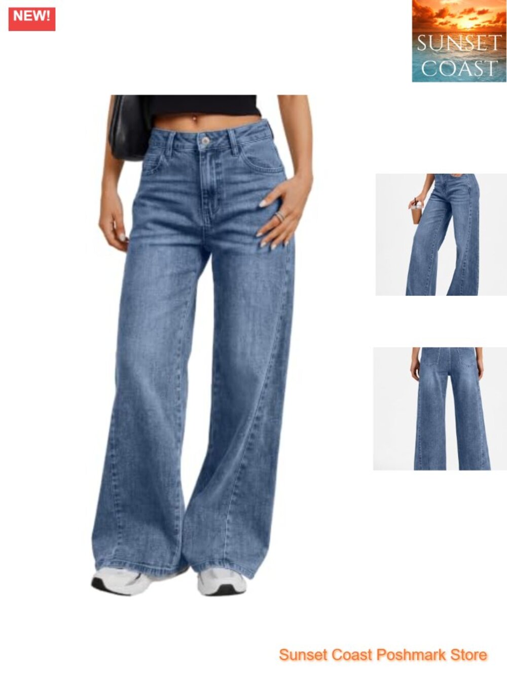 Wide Leg Jeans Stretchy Baggy Denim Pants Mid Rise Casual